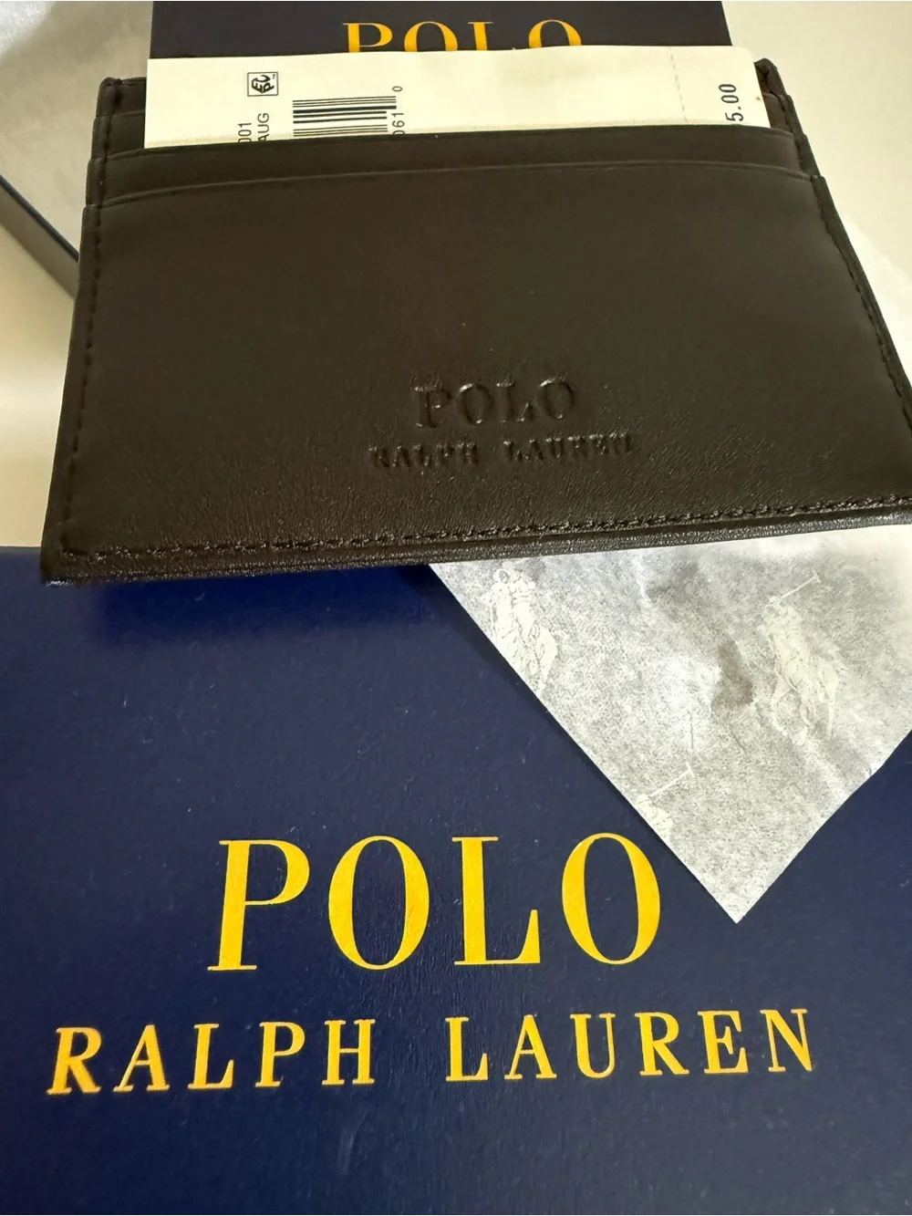 Polo Ralph Lauren Ski Bear Embroidered Leather Card Holder Black NWT Gift Box